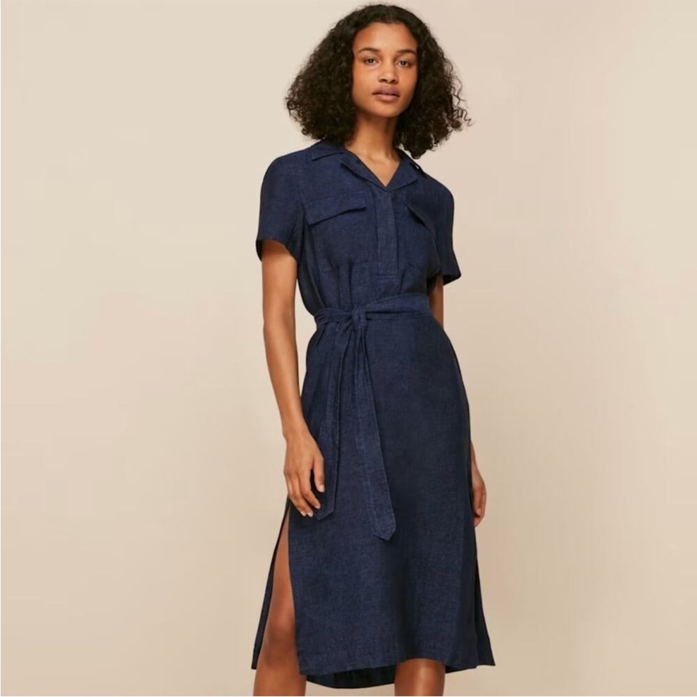 Whistles Dark Denim Easy Linen Belted Short Sleeve V Neck Casual Shirt Dress 8
